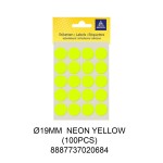 MAYSPIES MS019 COLOUR DOT LABEL / 5 SHEETS/PKT / 100PCS / ROUND 19MM NEON YELLOW